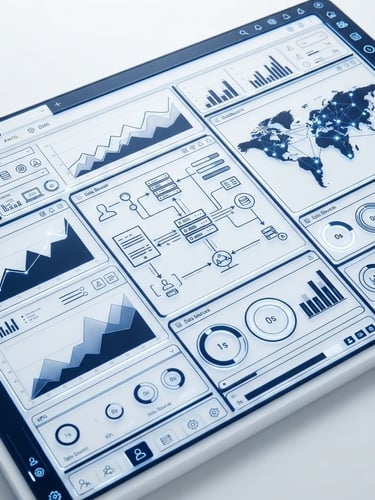 High-fidelity clean UI wireframe of an enterprise database dashboard, crisp white and navy blue tones, sharp focus, technical precision, bright high-key studio lighting