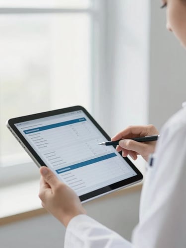Bright professional photography of a medical administrator reviewing digital charts on a tablet, soft natural window light, clean slate tones, shallow depth of field, 35mm