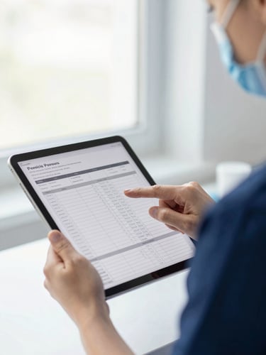 A close-up of a medical professional in a clean clinic, interacting with a tablet showing structured billing charts, bright natural window light, shallow depth of field.