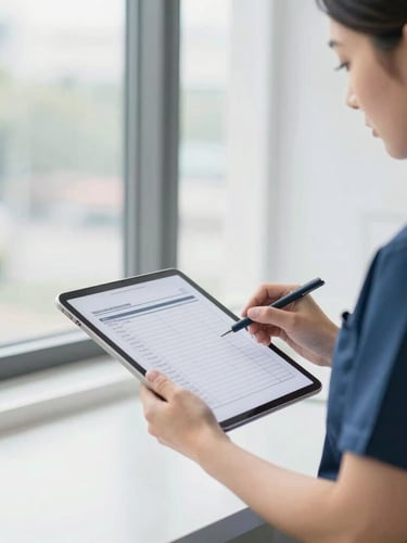 Bright, natural daylight clinic workspace. A professional administrator in slate scrubs reviewing billing charts on a tablet near a window, shallow depth of field, 35mm.