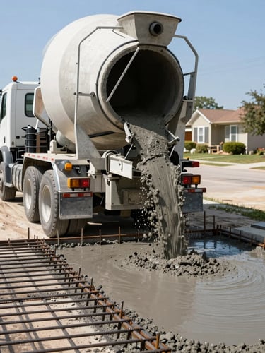 Low-angle shot of a heavy concrete mixing truck pouring wet concrete into a steel rebar driveway grid in a Dallas residential neighborhood, bright Texas sun, sharp industrial photography, 35mm lens.