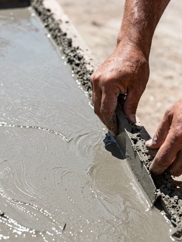 Tight macro shot of a craftsman hand-troweling wet concrete, bright Texas sunlight reflecting off the smooth surface, high-contrast slate tones.