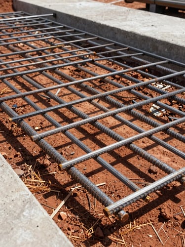 Low-angle shot of a steel rebar grid laid over red clay soil in Dallas, bright direct Texas sunlight casting sharp shadows, industrial concrete preparation.