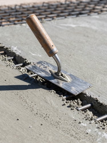 Low-angle shot of a freshly poured concrete slab being finished with a hand trowel under bright direct Texas sunlight, steel rebar grid visible beneath the wet mix, sharp industrial photography