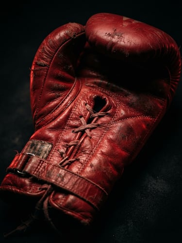 Dramatic high-contrast close-up of a red boxing glove, leather texture visible, sharp focus, with subtle red rim lighting on a dark background.