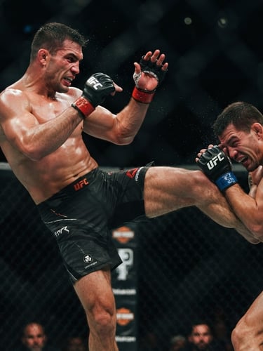 Dynamic action shot of an MMA fighter, mid-strike, wearing black gloves with subtle red accents, high-contrast chiaroscuro lighting, sharp focus, 35mm lens, deep shadows.