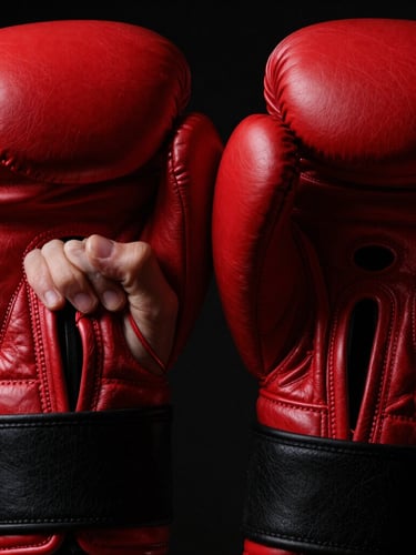 Dramatic close-up of hands inspecting double-stitched leather on a boxing glove, chiaroscuro lighting, deep red and black tones, sharp focus, 35mm lens
