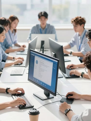 A sunlit collaborative technical team working around a clean white desk, modern tech interfaces visible, bright natural daylight, high-key corporate photography, 35mm