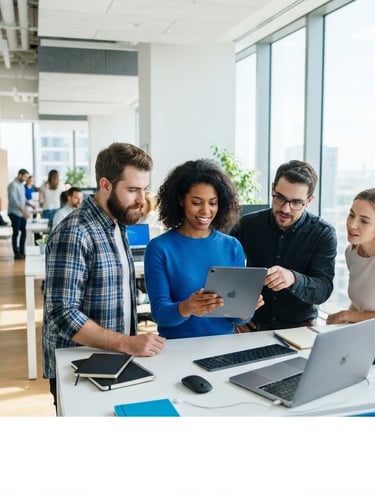 Bright, high-key corporate photography, crisp natural daylight, clean white and electric blue tones, sharp focus, 35mm. A sunlit modern workspace with clean architectural lines, a collaborative technical team in focus, looking at a tablet screen.