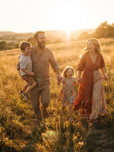A family laughing and running through a sun-drenched field at golden hour, backlighting, natural lens flare, candid, cinematic, warm terracotta and sand tones.