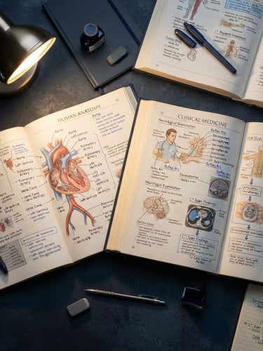 Overhead flat-lay of open medical books with clean handwritten annotations, focused desk lamp lighting, deep midnight blue tones, sharp focus