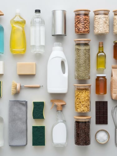 Overhead flat-lay of neatly organized household cleaning products and pantry staples on a clean light gray background, bright high-key studio lighting, sharp focus.