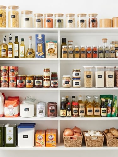 Bright high-key studio photography of neatly organized pantry shelves with everyday household goods, clean white background, crisp studio light