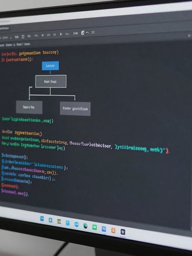 Crisp technical photography of a clean code editor showing system architecture diagrams on a vertical monitor, cool diffused studio lighting, slate gray and silver tones, sharp macro focus, 35mm