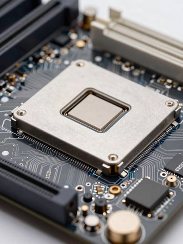 Macro photograph of clean computer hardware, a motherboard with cool silver circuits and subtle blue backlighting, sharp focus, 35mm