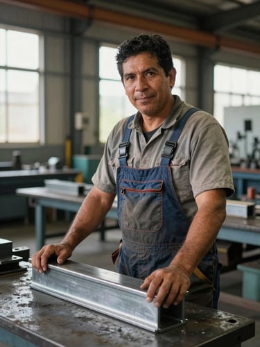 Environmental portrait of a Latin American man in work overalls standing at a metal fabrication bench in a European factory, hands resting on a finished steel part, natural daylight from side windows, candid and unposed