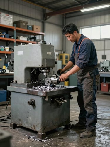 Wide environmental shot, natural daylight — a skilled worker in a technical workshop, hands operating industrial machinery, metal shavings visible on the workbench, concrete floor and steel shelving in the background, shot from a low angle to show the scale of the workspace