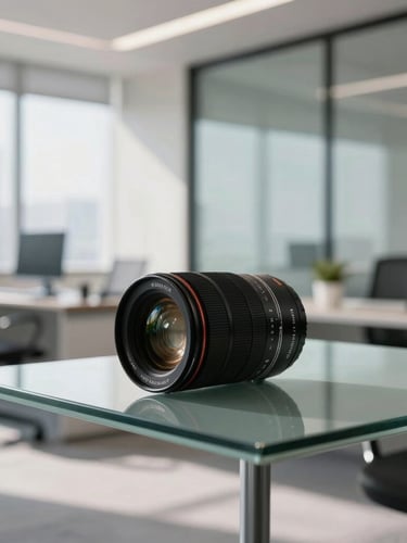 Clean modern corporate office with bright natural daylight, glass desks, and structured professional environment, sharp macro shot
