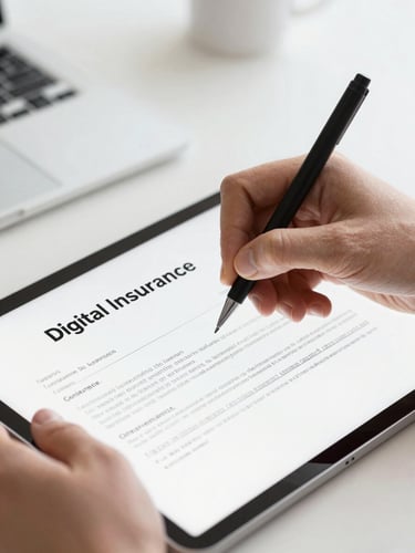 Macro shot of hands signing a digital insurance contract on a modern tablet, clean workspace, bright daylight