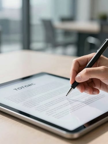 Close-up of hands signing a digital contract on a tablet, modern corporate office background, bright natural daylight, sharp focus.