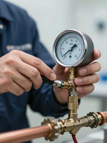 Macro shot of a technician in a clean navy uniform adjusting a digital manifold gauge connected to copper piping, bright daylight, cool undertones, technical precision.