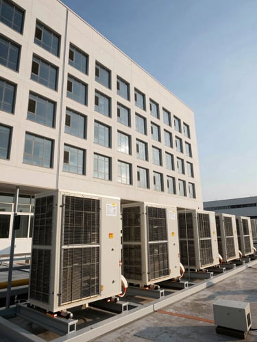 Fachada de edifício corporativo moderno com unidades condensadoras VRF alinhadas milimetricamente na cobertura, sob luz natural clara, destacando a precisão da instalação.