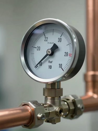 Macro shot of a modern digital manifold gauge connected to clean copper pipes, cool daylight lighting, precise technical focus.