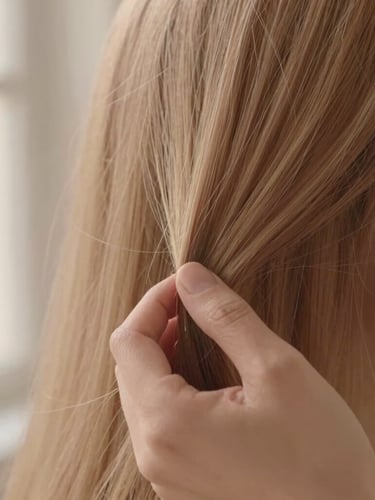 Close-up of hands gently styling healthy hair in soft, diffused light, bouclé texture in background, shallow depth of field, warm editorial photography, soft golden-hour window light, delicate blush and sand tones, 35mm
