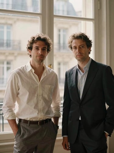 An elegant editorial portrait of two professional male hospitality founders in a sun-drenched Haussmannian apartment, warm natural light, soft shadows, neutral tones, 35mm film style.