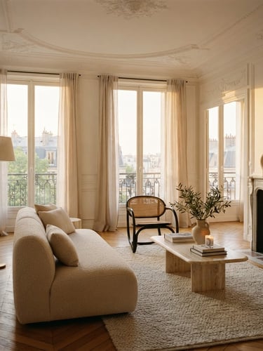 Elegant sun-drenched Haussmannian apartment living room in Paris, tall windows with sheer curtains, herringbone parquet floor, minimalist luxury furniture, soft golden hour daylight, architectural 35mm photography