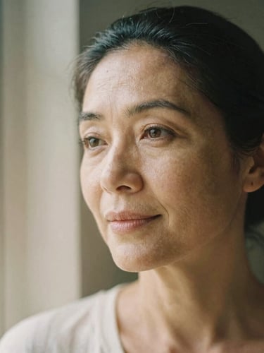 Close-up portrait of Gaby Mol, a mature woman over 40 with a warm, serene expression, soft morning window light, earthy sage tones, shallow depth of field, 35mm film texture.