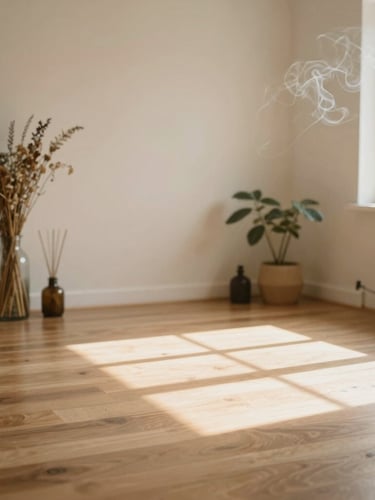 Serene empty wellness studio with warm wood floors, soft morning window light casting shadows, dried herbs and incense smoke in the background, earthy sage and cream tones.