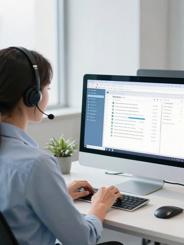 Over-the-shoulder shot of a professional customer service agent in a bright, modern Brazilian office, typing on a clean desktop setup showing support software dashboard, natural daylight, 35mm lens