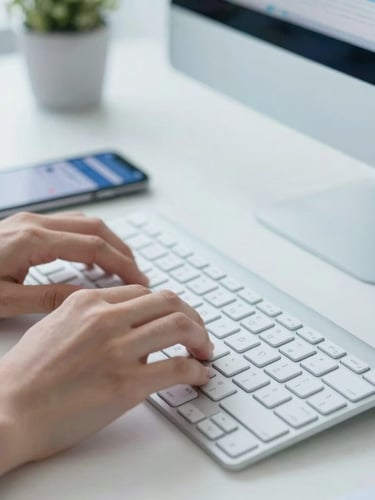 Close-up of hands typing on a modern clean keyboard in a bright office, a smartphone displaying a secure chat interface next to the keyboard, soft blue slate tones, professional atmosphere