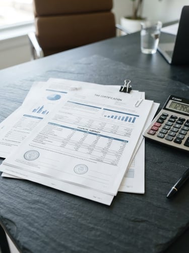 Crisp editorial photo of structured financial documents, tax certification papers with a professional calculator on a dark slate desk, bright natural daylight, sharp focus, 35mm
