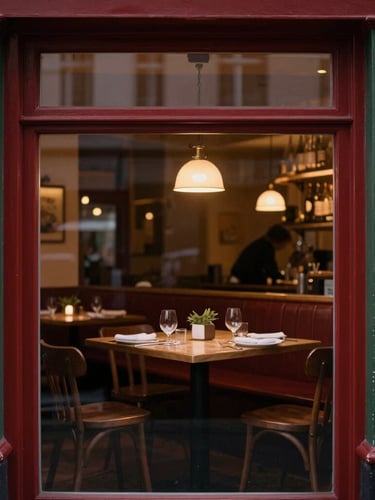 Atmospheric, dimly lit restaurant dining room at dusk, warm light glowing from within, viewed from a quiet street, soft Scandinavian aesthetic