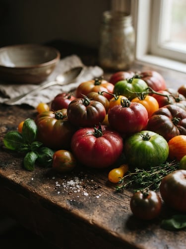 Soft Scandinavian daylight illuminating a rustic wooden table with fresh heirloom tomatoes, moody shadows