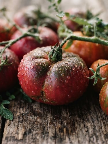 Close-up macro shot of raw heirloom tomatoes with morning dew on a rustic wooden table, soft Scandinavian daylight, deep crimson tones, shallow depth of field, 35mm photography