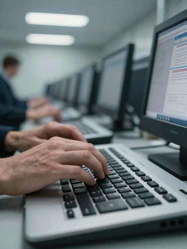 Close-up of hands operating a secure workstation keyboard inside a hardened facility, cool even overhead lighting, classified terminal interface partially visible on screen, tight controlled framing with no faces visible
