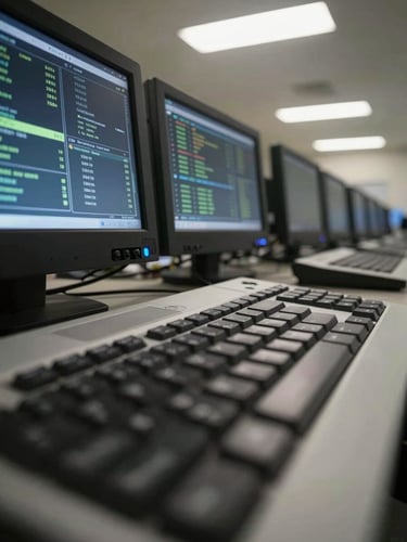 Close-up overhead view of a secure workstation keyboard and classified terminal screens glowing under cool, even overhead fluorescent light in a hardened facility, tight framing, no people visible