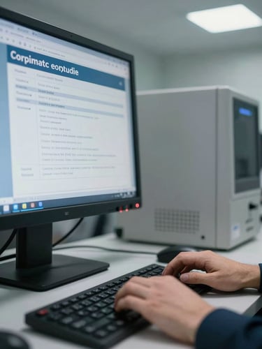 Close-up of a secure financial workstation terminal under cool overhead lighting, a compliance audit document partially visible on a secondary monitor, hands resting at keyboard in a classified facility environment, no faces shown, precise and controlled framing