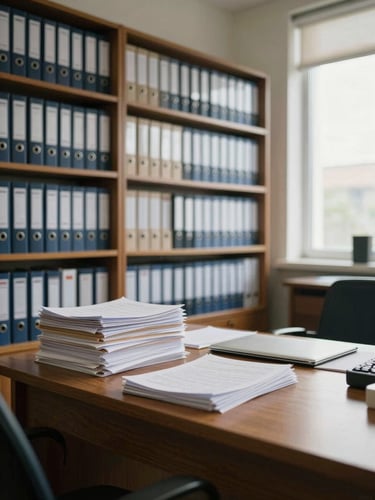 Wide office interior shot from the left side, orderly rows of document folders on shelves in the background, a wooden desk with neatly stacked papers and a closed ledger in the foreground, natural daylight entering from a window on the right, muted institutional atmosphere