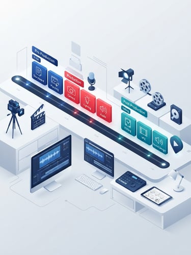Minimalist vector illustration of a structured video production timeline, crisp isometric perspective, soft studio lighting, clean light blue and red accents, modern tech aesthetic.