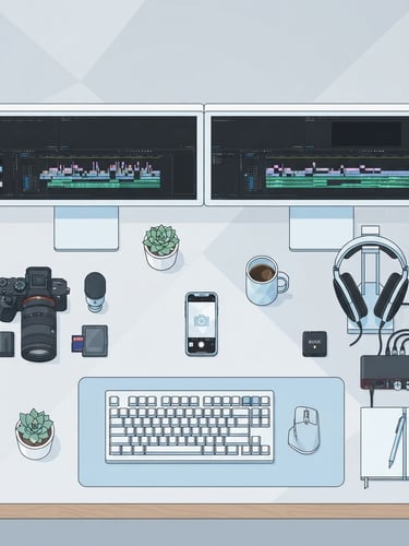Overhead flat-lay of a modern creator workspace with high-end camera gear, dual-monitor setup showing editing timelines, light blue undertones, clean geometric layout