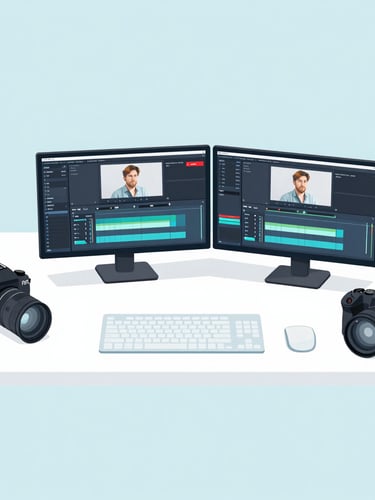Overhead flat-lay of a modern creator workspace with high-end camera gear, dual-monitor setup showing editing timelines, light blue undertones, clean geometric layout
