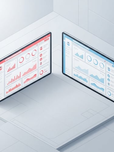 A premium minimalist vector illustration of two software dashboard screens side-by-side, one with a red accent color and one with a blue accent color, clean isometric perspective, soft studio lighting, modern tech aesthetic