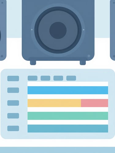 A close-up overhead flat-lay of professional video production gear, including a color grading panel and studio monitors, soft cool blue lighting, clean minimalist tech aesthetic.