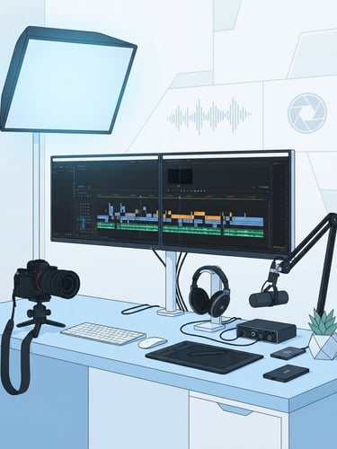 Clean, modern physical workspace with high-end camera gear, a dual-monitor setup showing a video editing timeline, bright soft studio light with cool blue undertones, flat vector illustration style, clean geometric shapes.