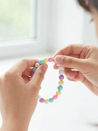 Close-up of a young girl's hands carefully threading colorful pastel beads onto a bracelet string, bright natural window light, cheerful atmosphere.