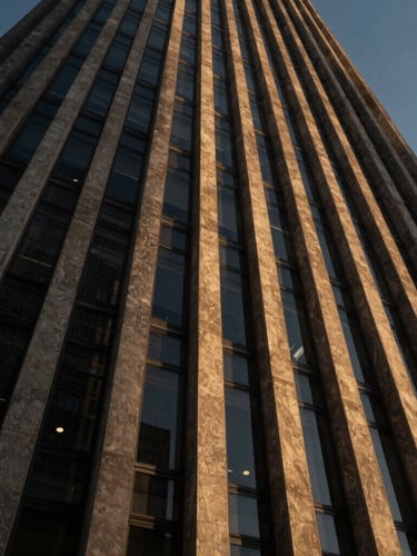 Dramatic architectural low-angle of a soaring concrete and glass tower facade at golden hour, deep charcoal shadows, high-contrast lighting, wide-angle lens